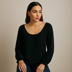 Moa Moa Top Ruffled Cuff Long Sleeve Gathered Scooped Neckline Black XS